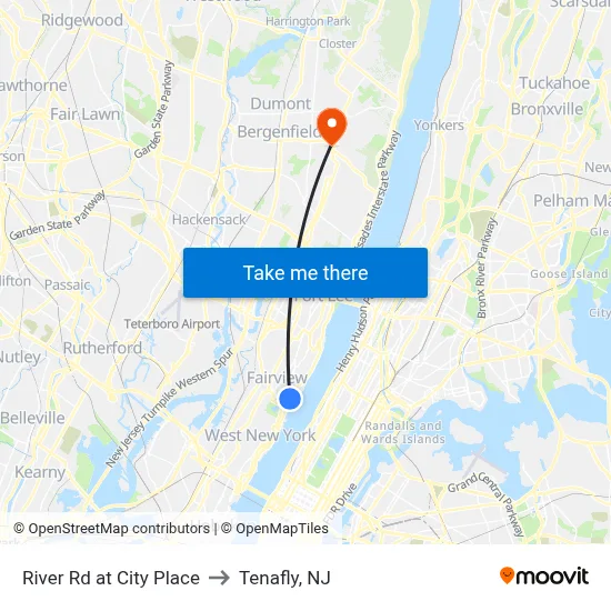 River Rd at City Place to Tenafly, NJ map