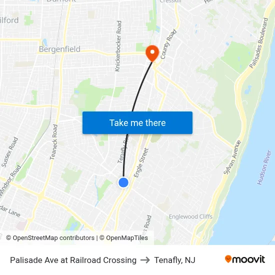 Palisade Ave at Railroad Crossing to Tenafly, NJ map