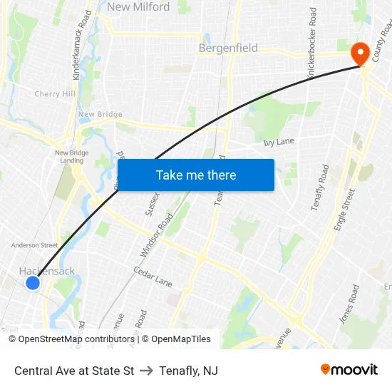 Central Ave at State St to Tenafly, NJ map