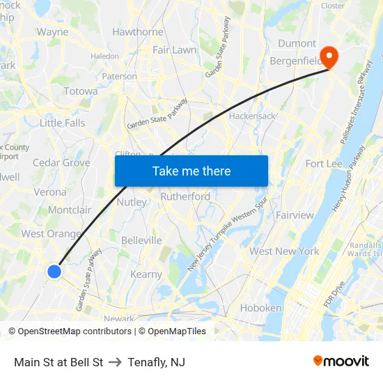 Main St at Bell St to Tenafly, NJ map