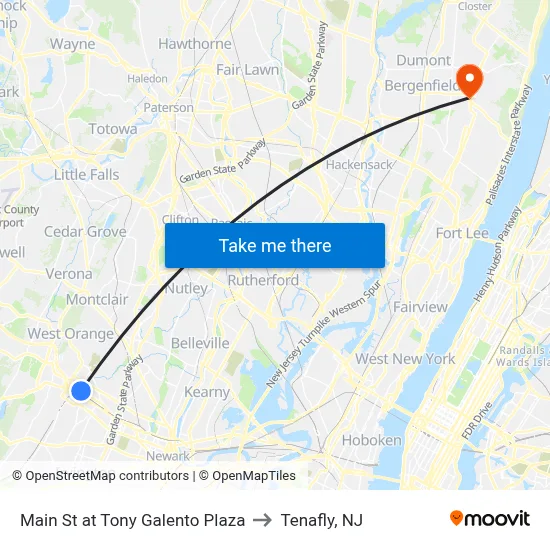 Main St at Tony Galento Plaza to Tenafly, NJ map