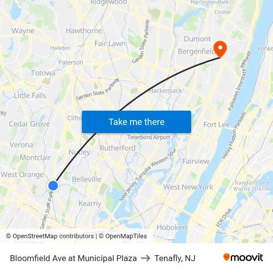 Bloomfield Ave at Municipal Plaza to Tenafly, NJ map