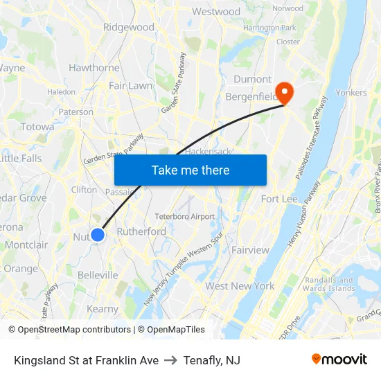 Kingsland St at Franklin Ave to Tenafly, NJ map
