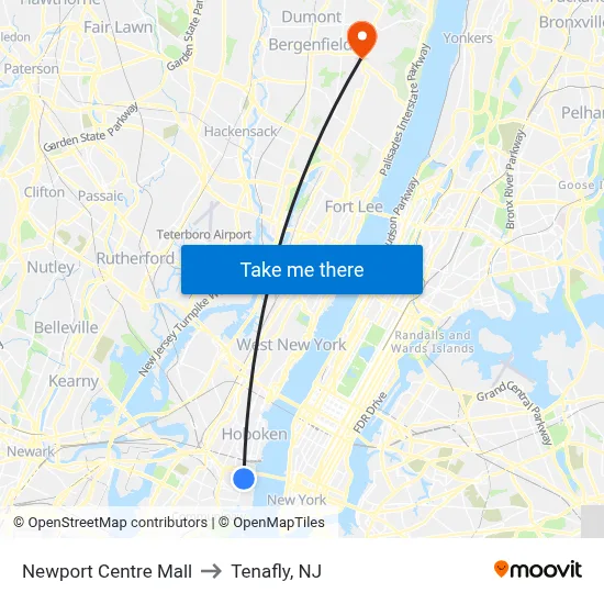Newport Centre Mall to Tenafly, NJ map