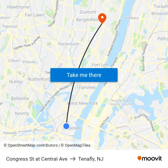 Congress St at Central Ave to Tenafly, NJ map