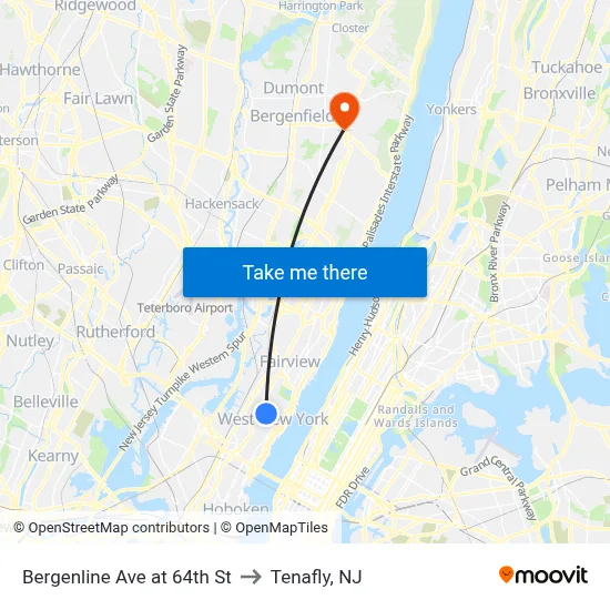 Bergenline Ave at 64th St to Tenafly, NJ map