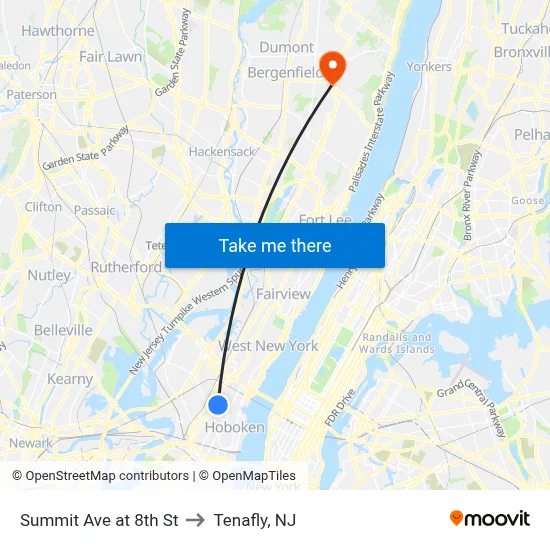 Summit Ave at 8th St to Tenafly, NJ map