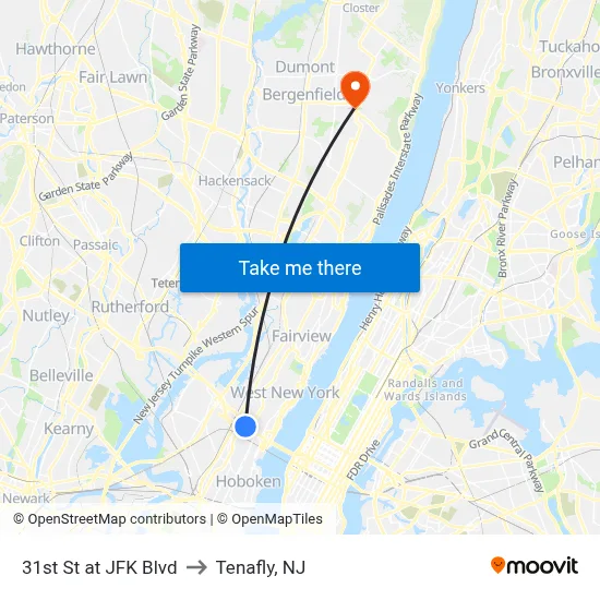31st St at JFK Blvd to Tenafly, NJ map