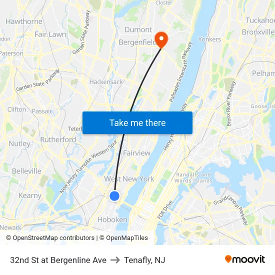 32nd St at Bergenline Ave to Tenafly, NJ map