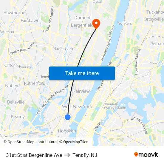 31st St at Bergenline Ave to Tenafly, NJ map