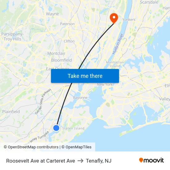 Roosevelt Ave at Carteret Ave to Tenafly, NJ map