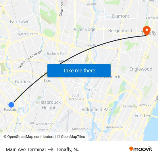 Main Ave Terminal to Tenafly, NJ map