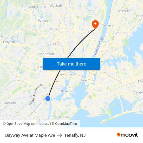 Bayway Ave at Maple Ave to Tenafly, NJ map