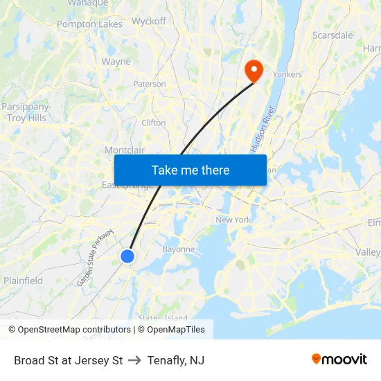 Broad St at Jersey St to Tenafly, NJ map