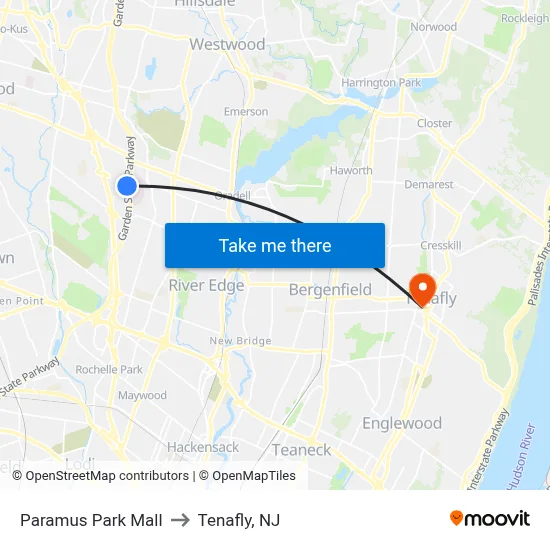Paramus Park Mall to Tenafly, NJ map