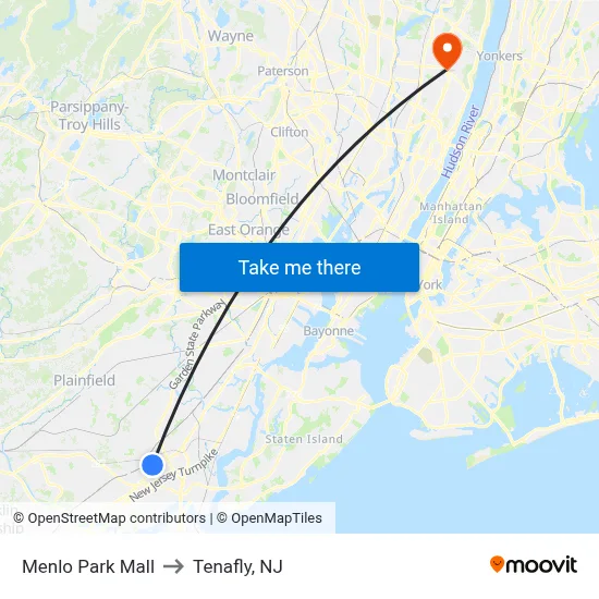 Menlo Park Mall to Tenafly, NJ map