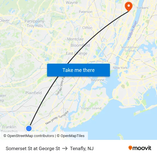 Somerset St at George St to Tenafly, NJ map
