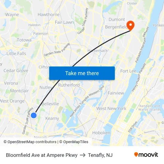 Bloomfield Ave at Ampere Pkwy to Tenafly, NJ map