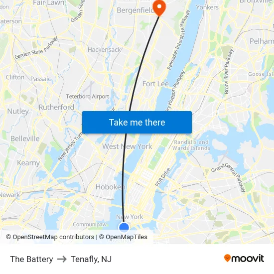 The Battery to Tenafly, NJ map