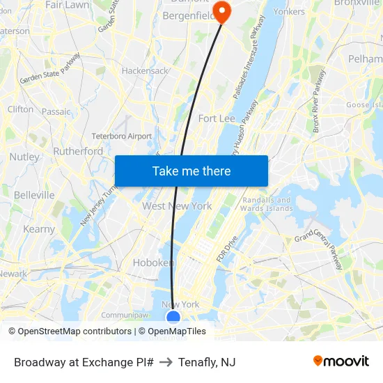 Broadway at Exchange Pl# to Tenafly, NJ map