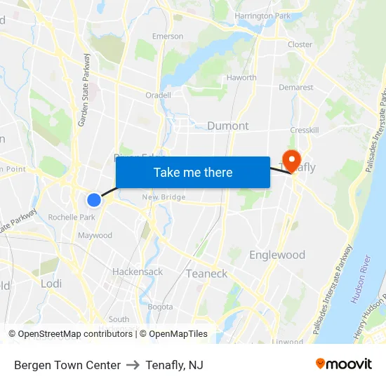 Bergen Town Center to Tenafly, NJ map