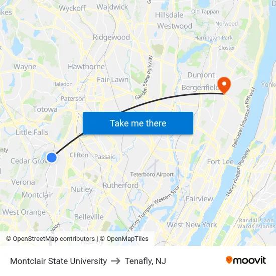 Montclair State University to Tenafly, NJ map