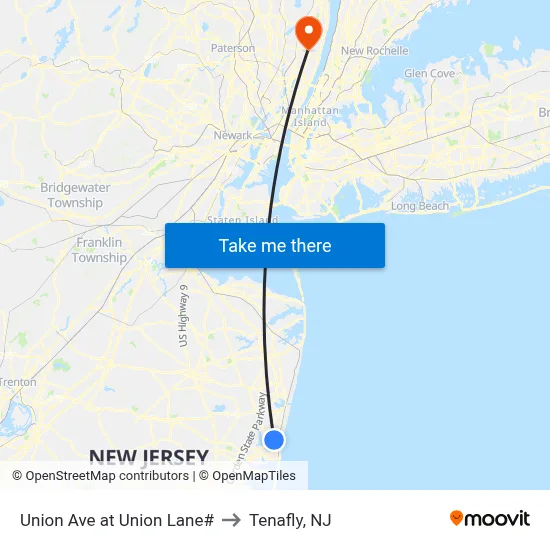 Union Ave at Union Lane# to Tenafly, NJ map