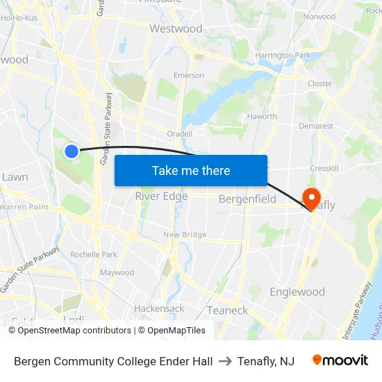 Bergen Community College Ender Hall to Tenafly, NJ map