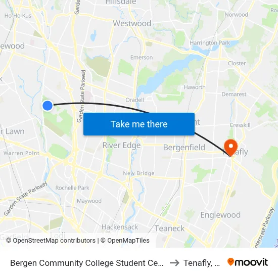Bergen Community College Student Center to Tenafly, NJ map