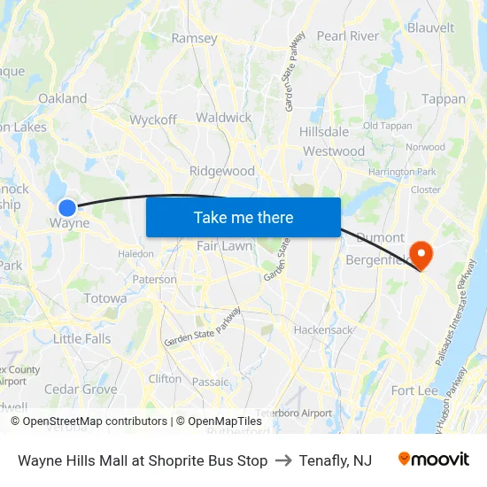 Wayne Hills Mall at Shoprite Bus Stop to Tenafly, NJ map