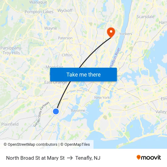 North Broad St at Mary St to Tenafly, NJ map