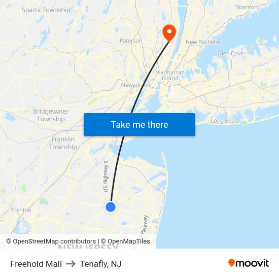 Freehold Mall to Tenafly, NJ map