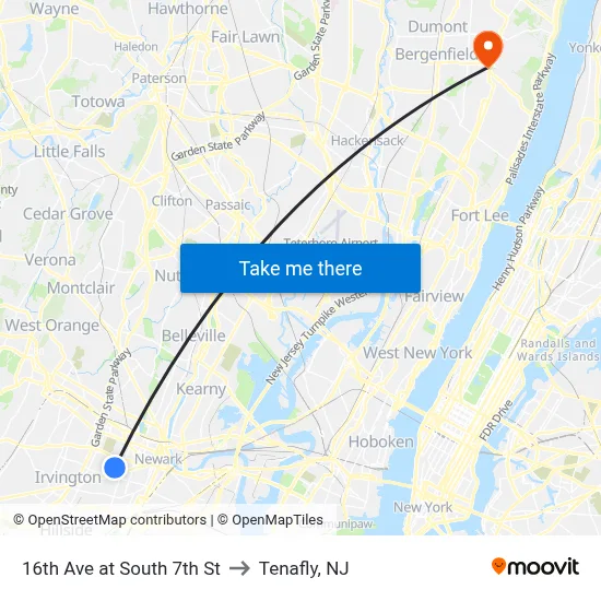 16th Ave at South 7th St to Tenafly, NJ map