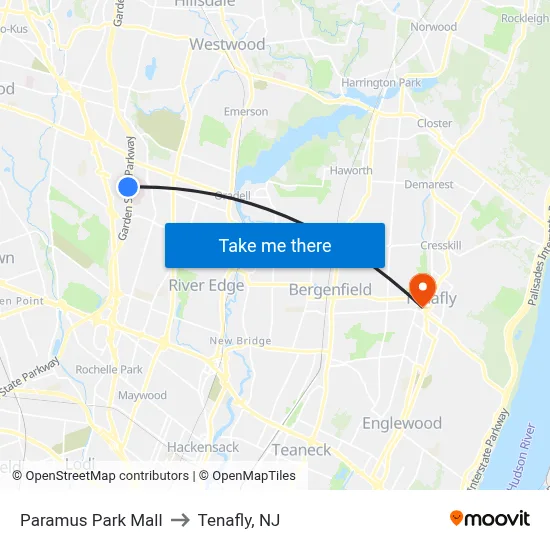 Paramus Park Mall to Tenafly, NJ map