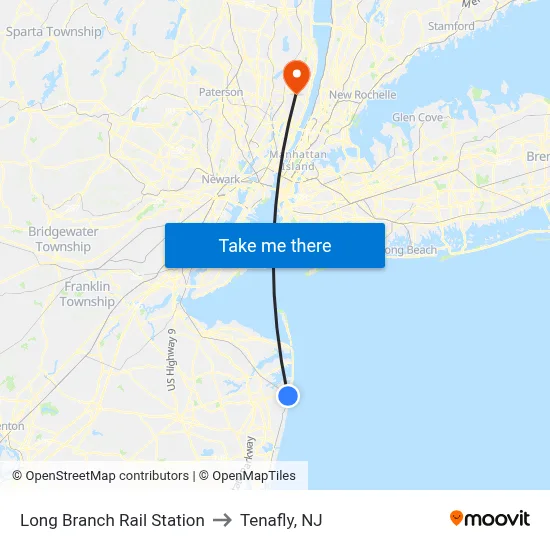 Long Branch Rail Station to Tenafly, NJ map