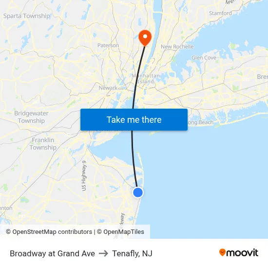 Broadway at Grand Ave to Tenafly, NJ map