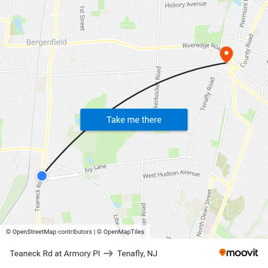 Teaneck Rd at Armory Pl to Tenafly, NJ map