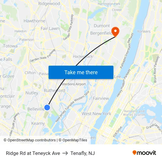 Ridge Rd at Teneyck Ave to Tenafly, NJ map