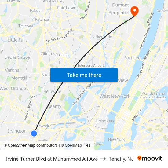 Irvine Turner Blvd at Muhammed Ali Ave to Tenafly, NJ map