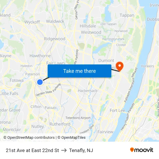 21st Ave at East 22nd St to Tenafly, NJ map