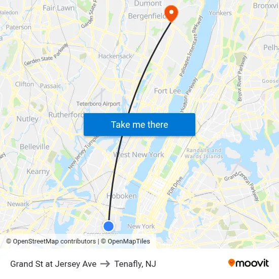 Grand St at Jersey Ave to Tenafly, NJ map