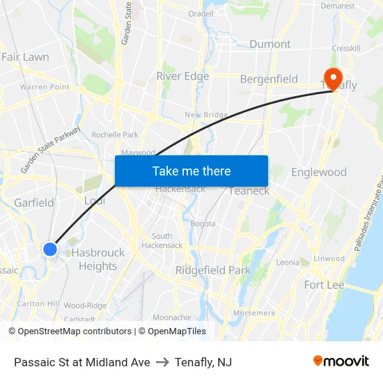 Passaic St at Midland Ave to Tenafly, NJ map