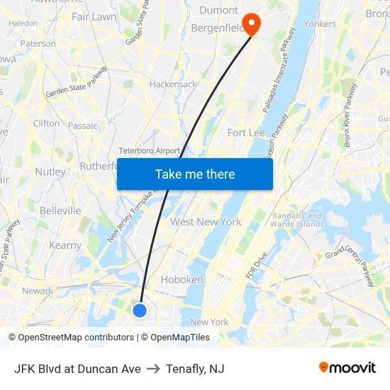 JFK Blvd at Duncan Ave to Tenafly, NJ map