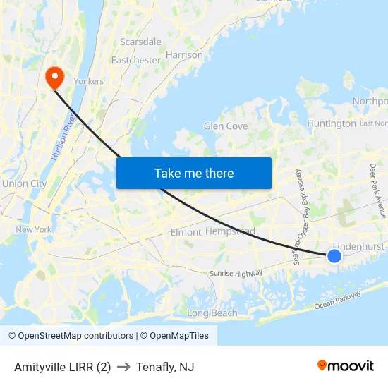 Amityville LIRR (2) to Tenafly, NJ map
