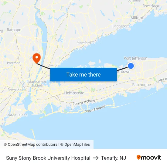 Suny Stony Brook University Hospital to Tenafly, NJ map