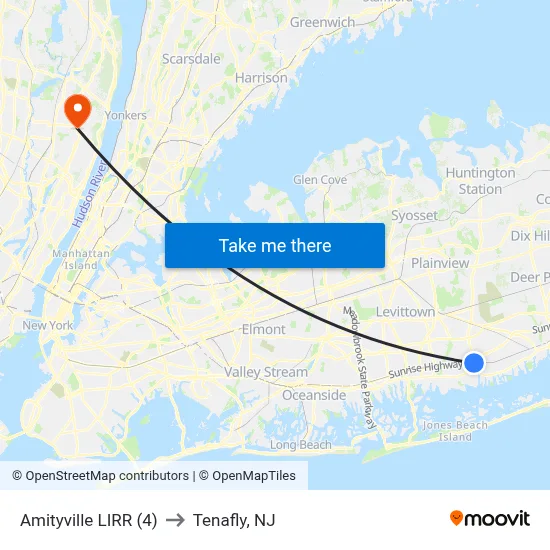 Amityville LIRR (4) to Tenafly, NJ map