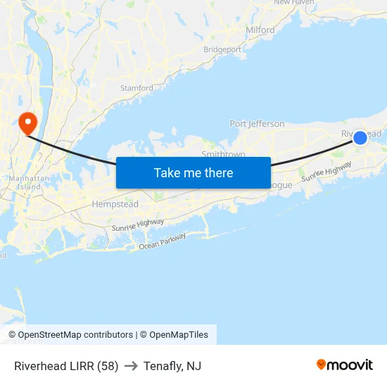 Riverhead LIRR (58) to Tenafly, NJ map