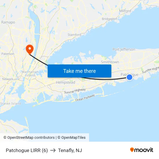 Patchogue LIRR (6) to Tenafly, NJ map