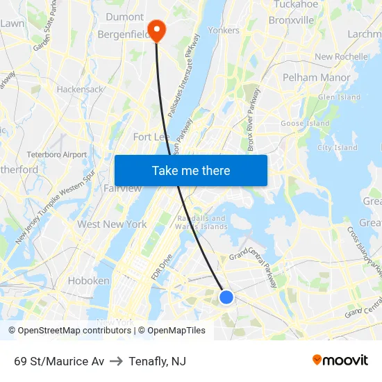 69 St/Maurice Av to Tenafly, NJ map