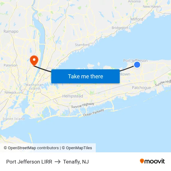 Port Jefferson LIRR to Tenafly, NJ map